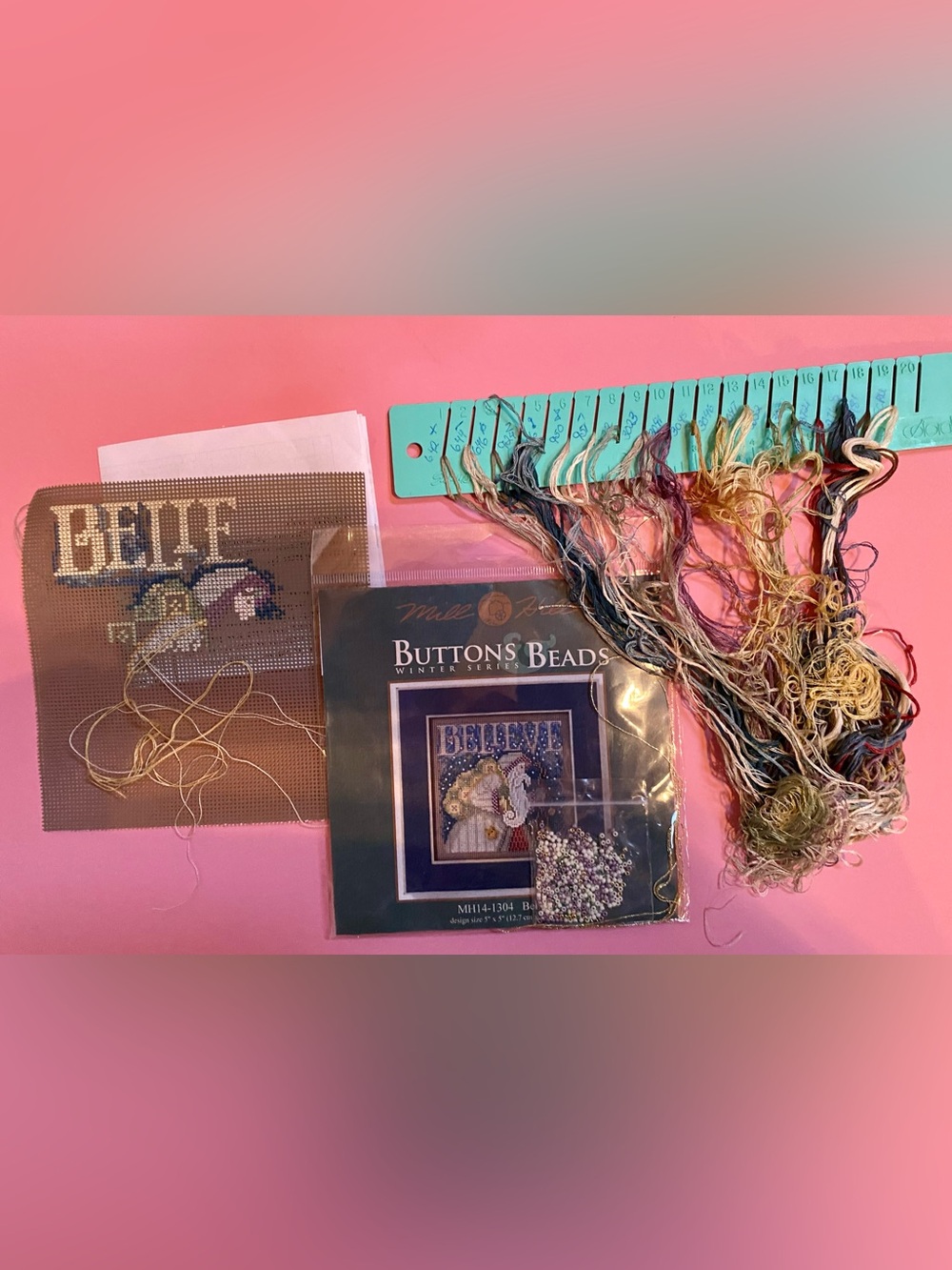 Mill Bead 'Believe' Santa Cross Stitch Kit - Partially Stitched